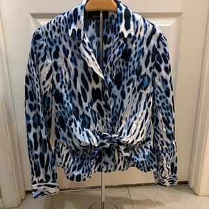 Animal-Print Knot Front Blouse - Blue/Black petite